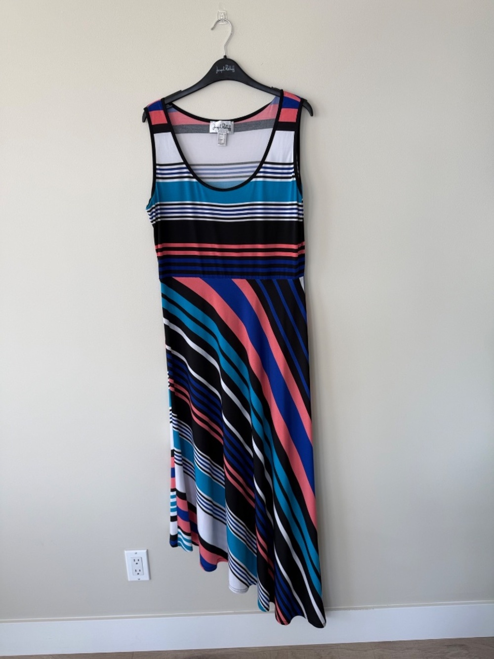 Joseph Ribkoff Sleeveless Stripe Dress Size 14 | Asymmetrical Hem - Picture 2 of 7